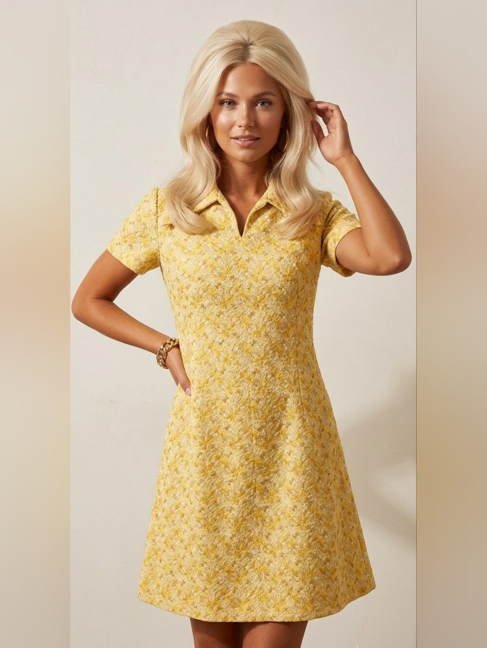 NEW Vintage Handcrafted 60's 70's Geometric Embroidered Yellow Mod Dress Size M